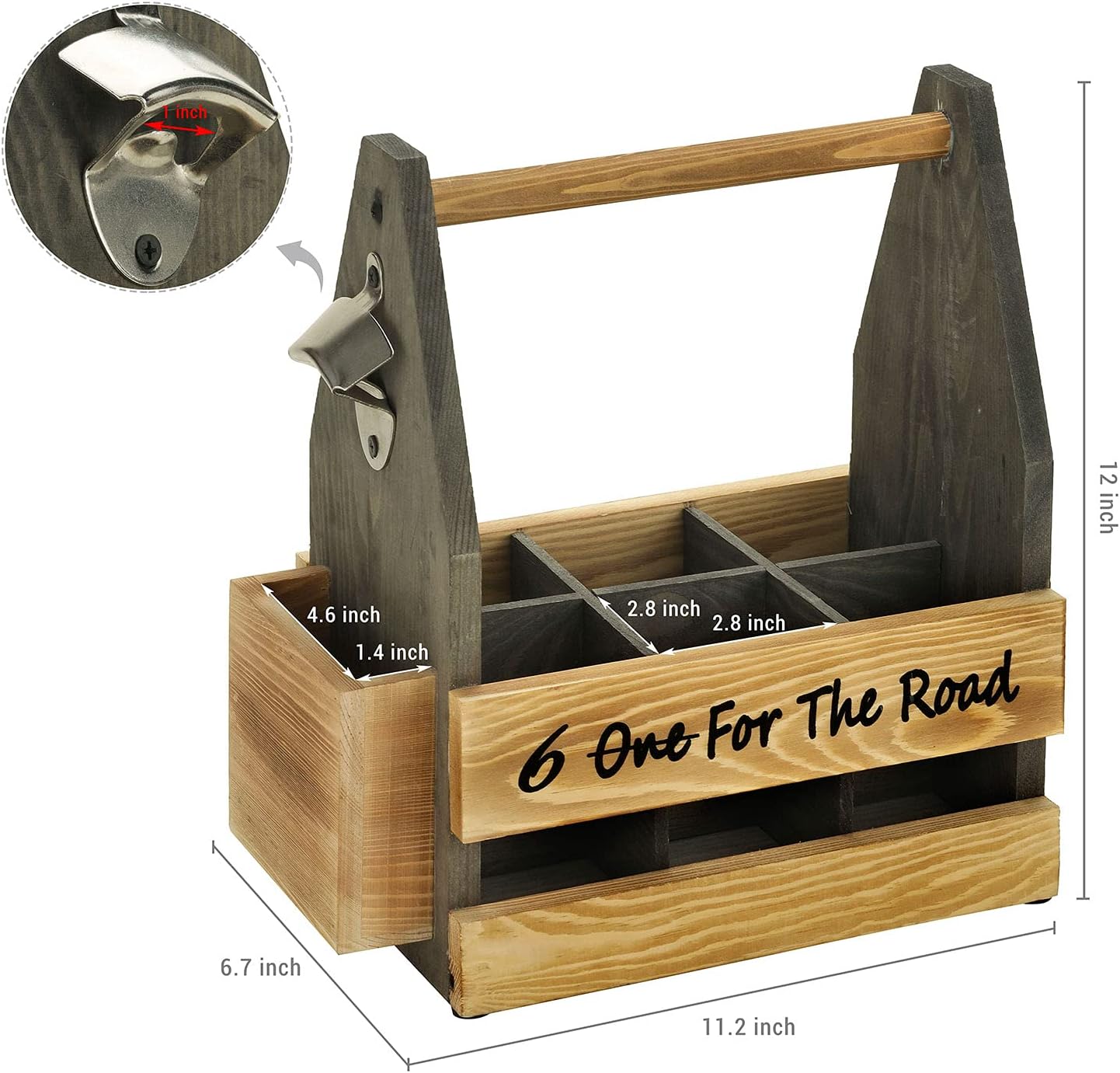 MyGift Beer Bottles Caddy with Two-Tone Natural Wood with Top Handle, Side Bottle Opener and Cap Catcher