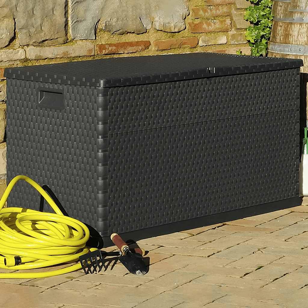 Contenitore da giardino antracite, 120 x 56 x 63 cm, in rattan PP, resistente alle intemperie, per cuscini, coperte e accessori, ideale per terrazza, balcone o giardino