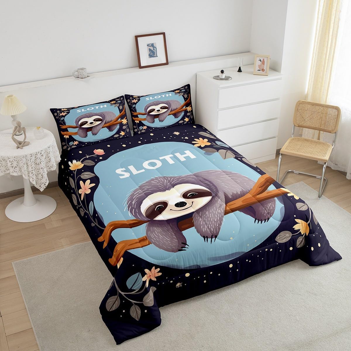 Feelyou Kids Sloth Bedding Set Twin Size Cute Sloth Comforter Set for Boys Girls Teens Bedroom Decor Flower Comforter Women Men Blue Quilt Set with 1 Pillow Case