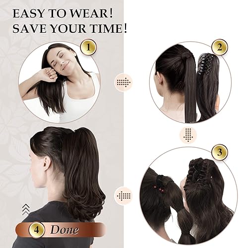 Miniatura 5 de Sofeiyan - Extensión de cola de caballo larga y rizada de 13, con clip, extensiones de pelo sintético de aspecto natural para mujer, Castaño