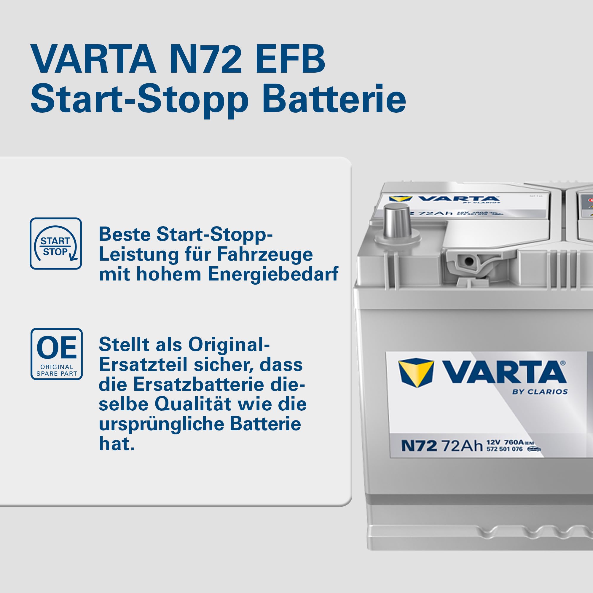 VARTA Automotive DYNAMIC EFB (N72) 12V 72Ah 760A - Nassbatterie für Start-Stopp Systeme - Starterbatterie für Autos mit erhöhtem Energiebedarf - Wartungsfreie Bleisäurebatterie