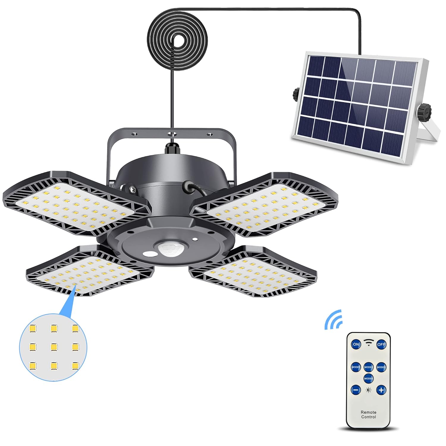 Valband Solar Shed Light Outdoor/Indoor, 4-Leaf Solar Pendant Light 1000LM 128-LED with 4 Lighting Modes Remote Control, IP65 120° Adjustable Motion Sensor Light for Home Yard Garage Barn