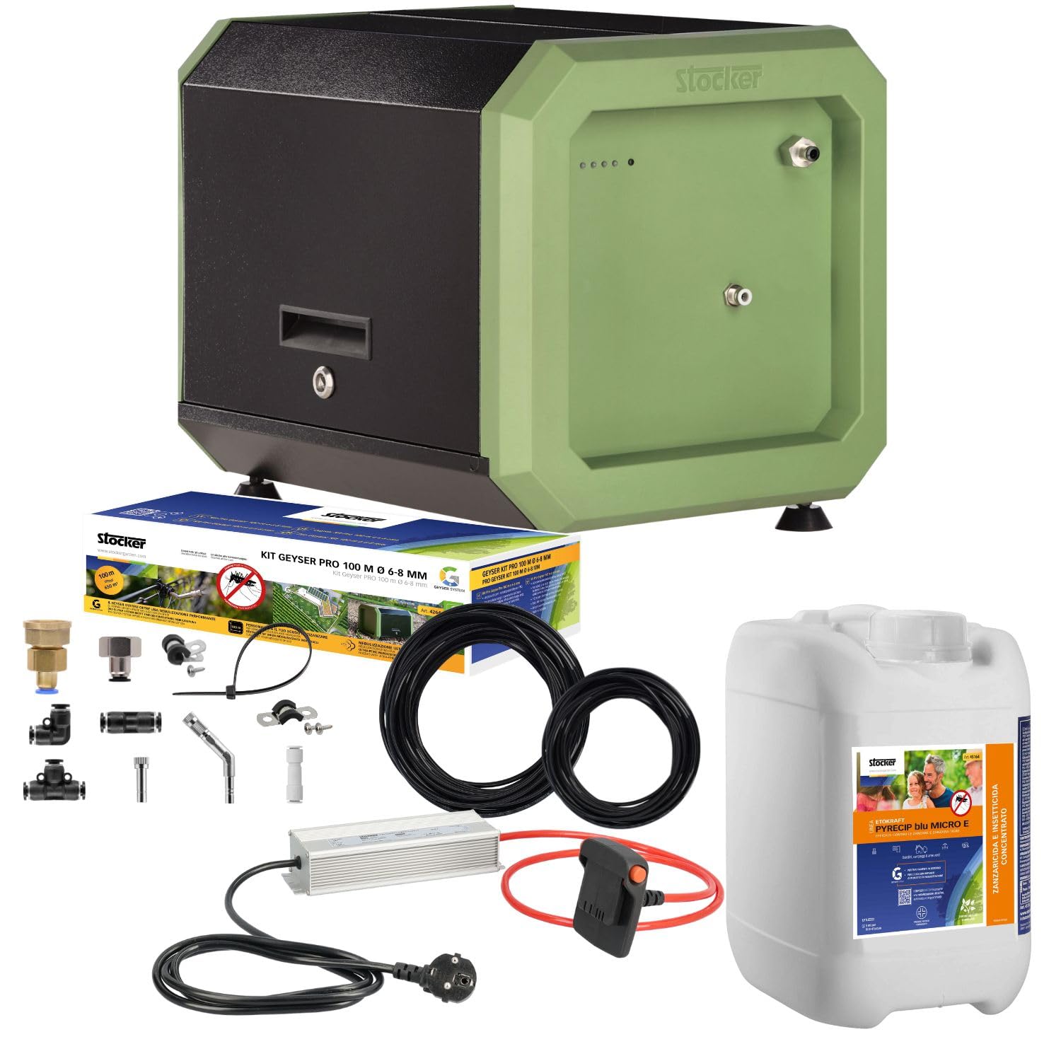 STOCKER - Kit Nebulizzatore Geyser PRO Lite - Sistema Anti-Zanzare Automatico WiFi, Copertura fino a 650 mq, 125 m di Tubo, Tanica 7 L, Alimentazione Rete o Batteria, Kit Completo di Installazione