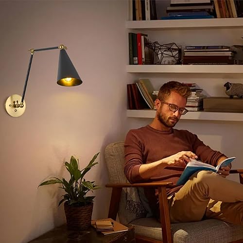 Miniatura 2 de EGWUICSLP Aplique de pared con brazo oscilante, aplique de pared de latón cepillado, luces de pared con brazo oscilante, luz de pared enchufable con