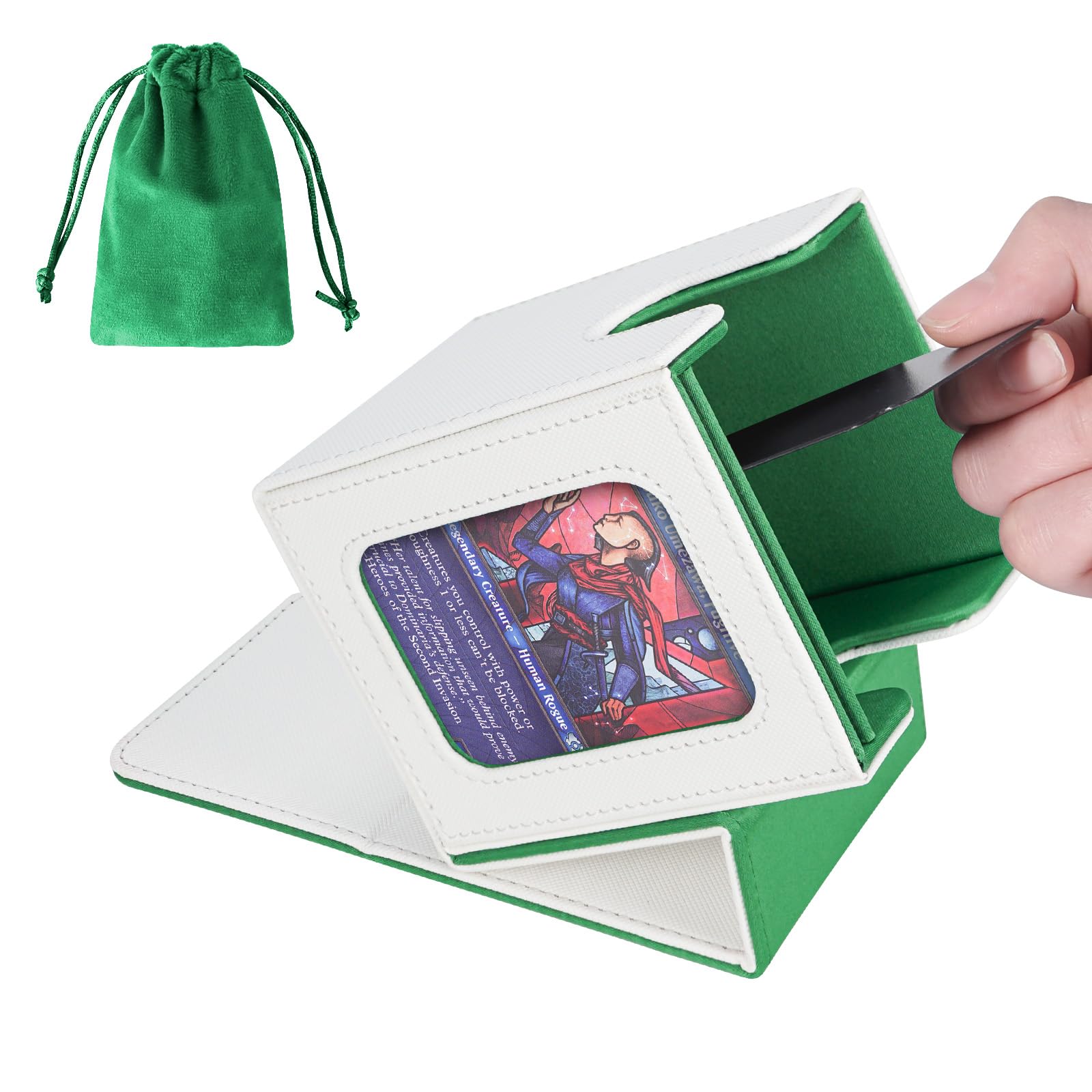 AFIING MTG Deck Box for Commander Display,Card Deck case Fits 100 Double Sleeved Cards, Magic Commander TCG Card Storage Box with 2 Dividers,Dice Bag and 1 Toploader(Whtie Green)