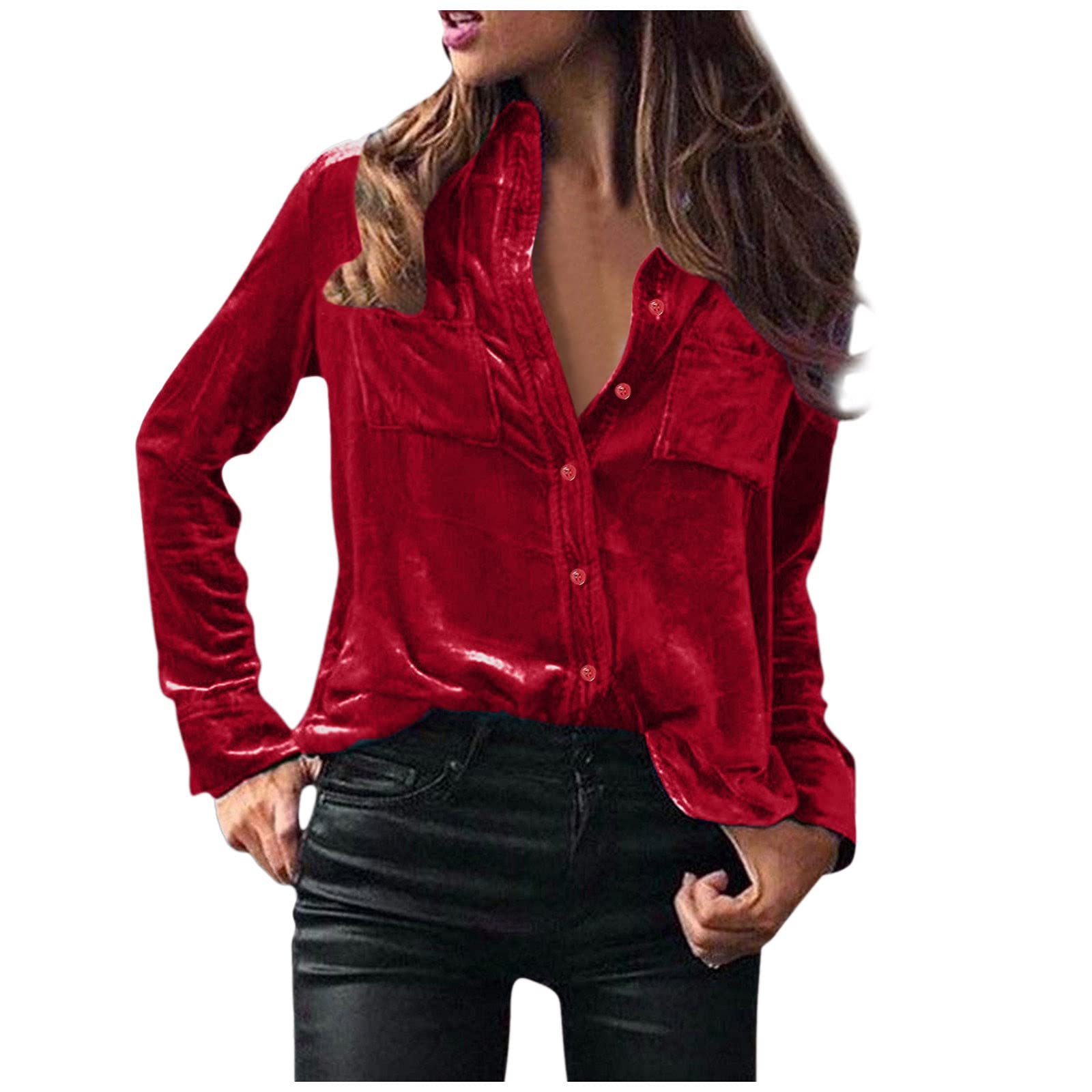 Blusa de terciopelo de manga larga para mujer, elegante, con botones, con bolsillo, color azul claro, rojo vino, XL