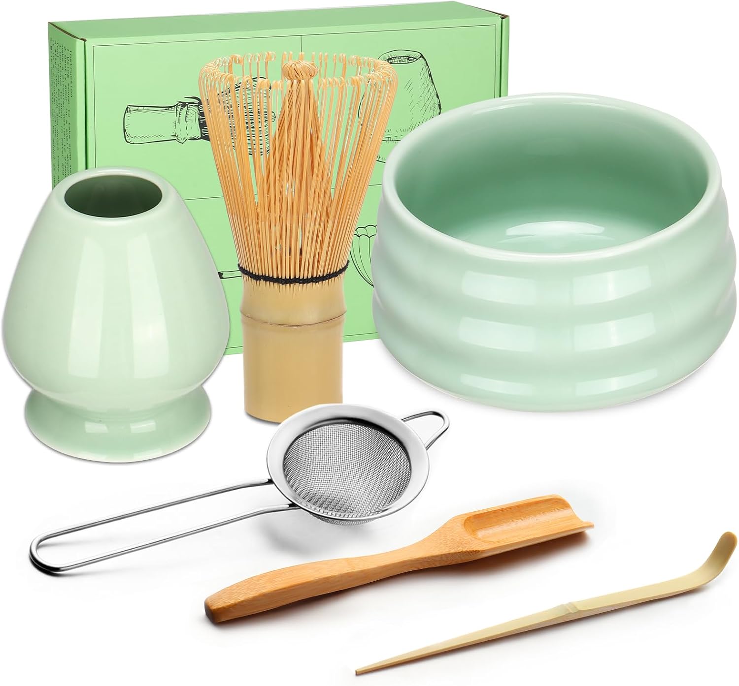 Matcha Whisk Set, Japanese Matcha Bowl and Bamboo Matcha Whisk, Scoop, Spoon, Sifter, Whisk Holder, 6pcs Perfect Matcha Starter Kit for Matcha Tea Ceremony (Green)