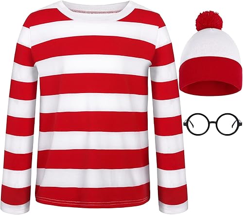 URATOT Conjunto de disfraz de Halloween para niños, camiseta a rayas rojas y blancas, gorro, gafas de nerd