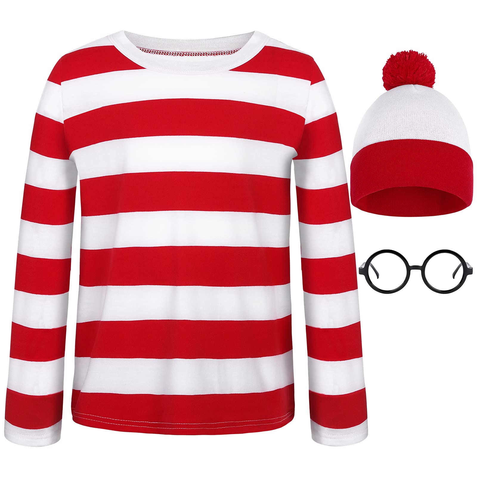 URATOTKid's Halloween Costume Set Red and White Striped T-shirt Beanie Hat Nerd Glasses
