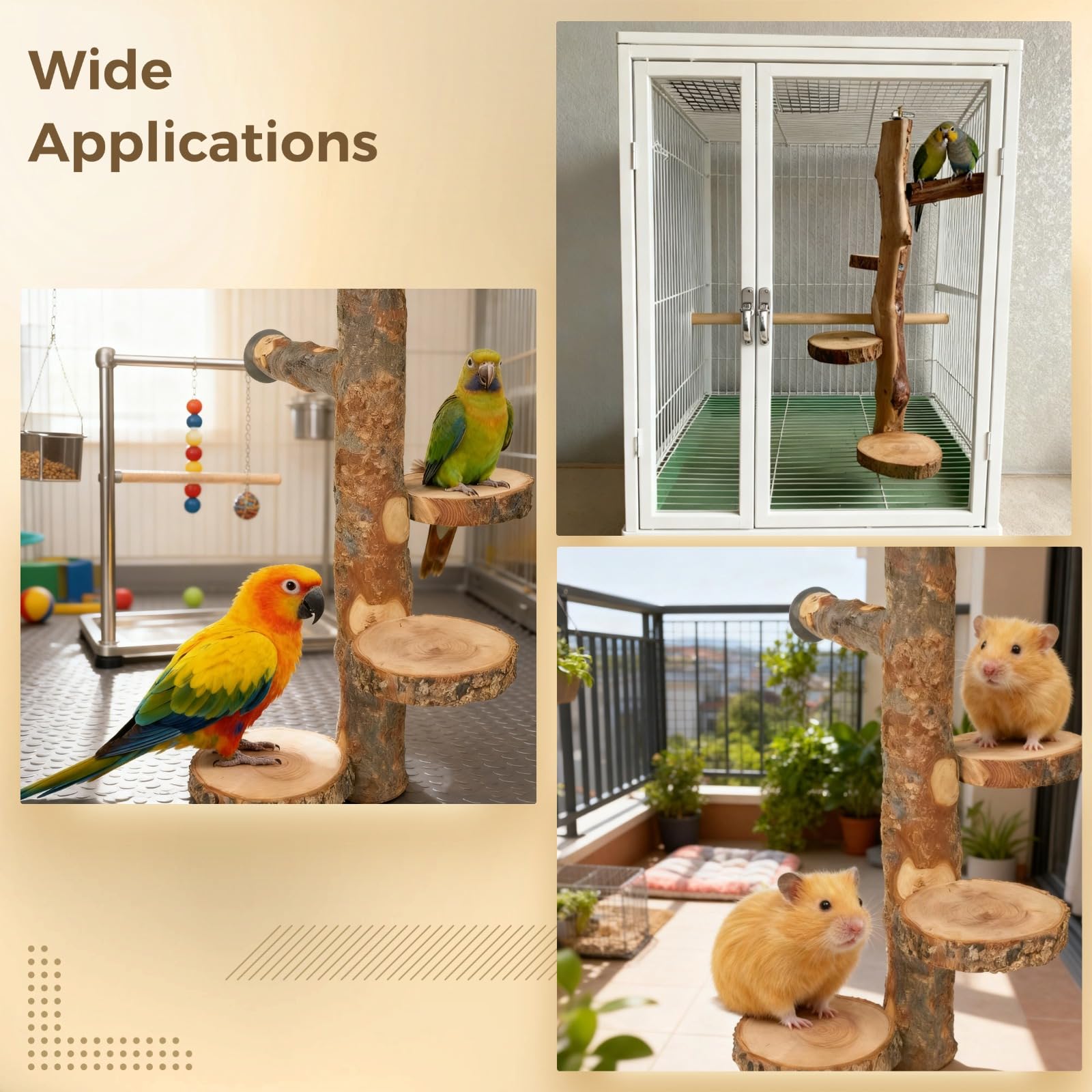 Générique Perchoir pour oiseaux, bois naturel 14,6 pouces, 3 plateformes circulaires et barre de maintien, jouet à mordiller, support pour cage, plateforme pour chinchilla