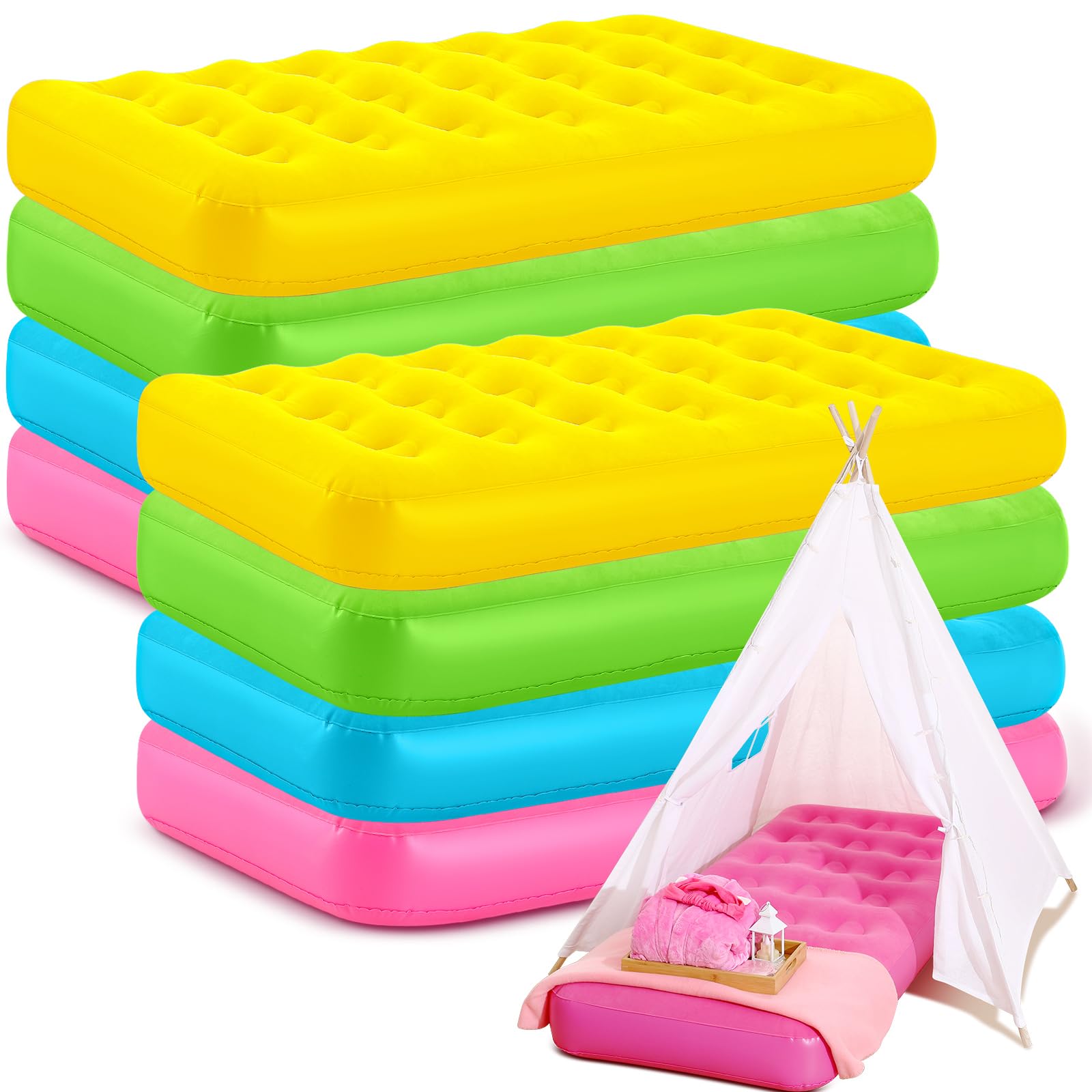 Kids Air Mattress Bulk Toddler Inflatable Bed Blow up Camping Sleeping Pad 61.81 x 25.98 x 7.09 Inches Kid Inflatable Airbed for Kids Aged 3-10 Years Old(Assorted Colors, 8 Pack)