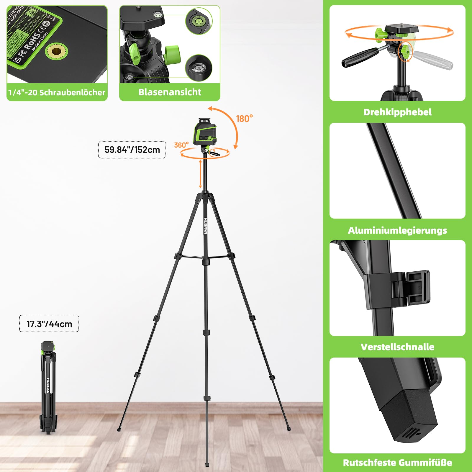 Huepar 360° Laser Wasserwaage mit 152 cm Stativ, Kreuzlinienlaser grün mit Pulsmodus, 3 Helligkeitsstufen, Selbstnivellierend, wiederaufladbarem Li-Ionen-Akku für Heimwerkerprojekte im Innenbereich