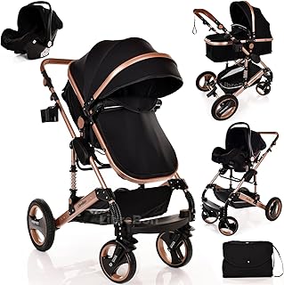 Baby Stroller Pram Pushchair Buggy Lightweight Folding Strollers 3 in1 Travel System Baby Trolley Baby Pram for Newborns Toddlers 0-36 Months from Birth… (Black - Rose Gold Frame)