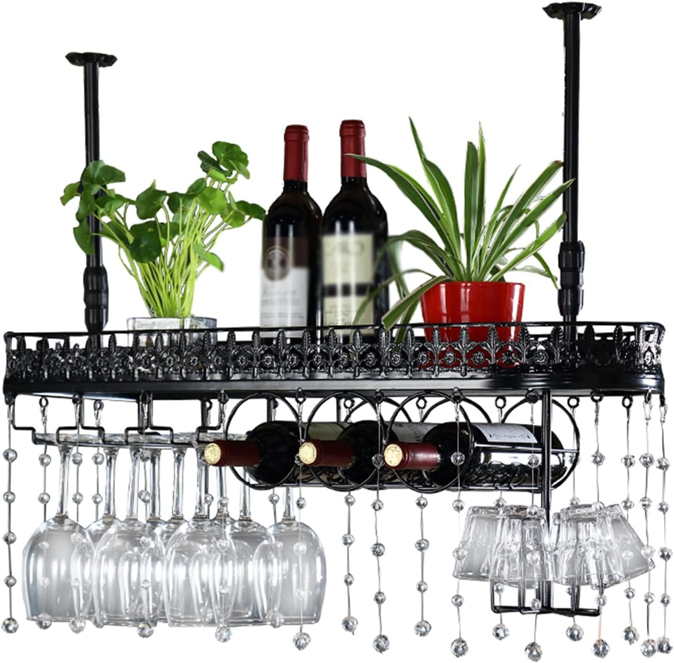 Iron Industrial Style Wine Rack, Ceiling Decoration Rack, Flower Rack Suitable for Living Room Restaurant Bar (Color : Black, Size : 100CM)
