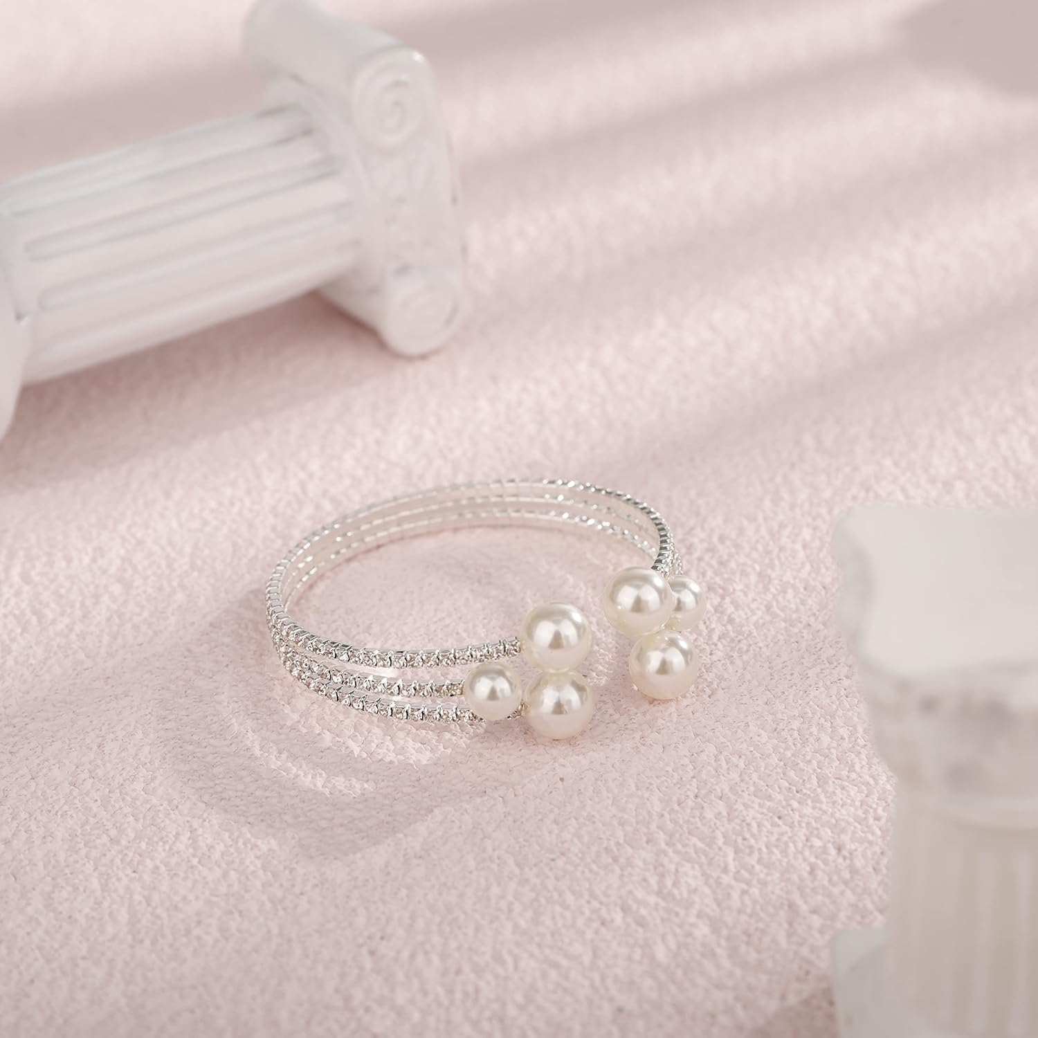 Dainty Rhinestone 1920s Silver Fake Pearl Open Bangle Bracelet Wedding Sparkly Layered Wrap Cuff Bangle Bracelet Adjustable Pearl Bracelets for Women Brides