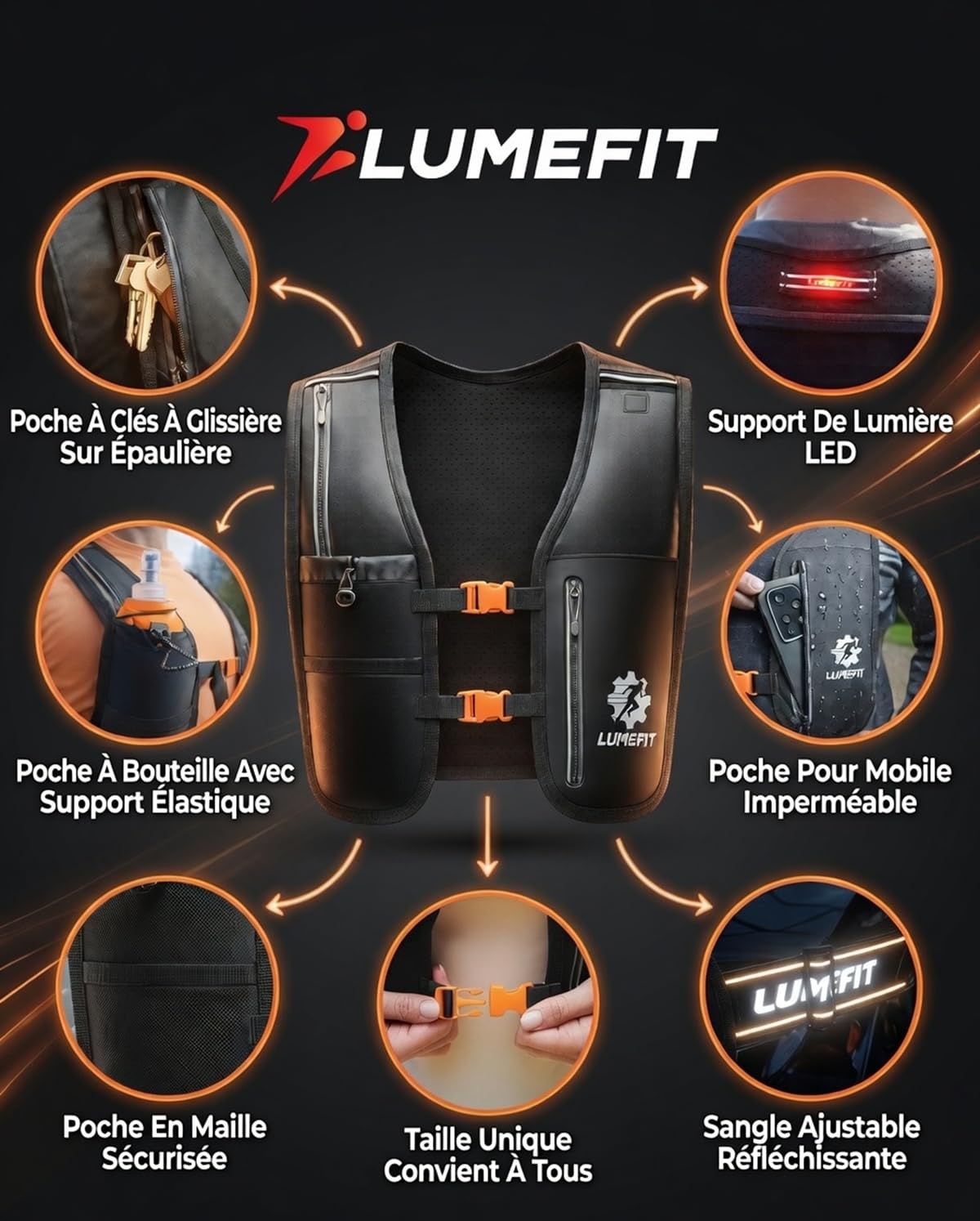 LUMEFIT Gilet Running - Gilet Réfléchissant & Sac à Dos Réglable avec Porte-Téléphone, Pochette Imperméable & Gourde 500ml - pour Homme et Femme, Idéal Course à Pied & Trail