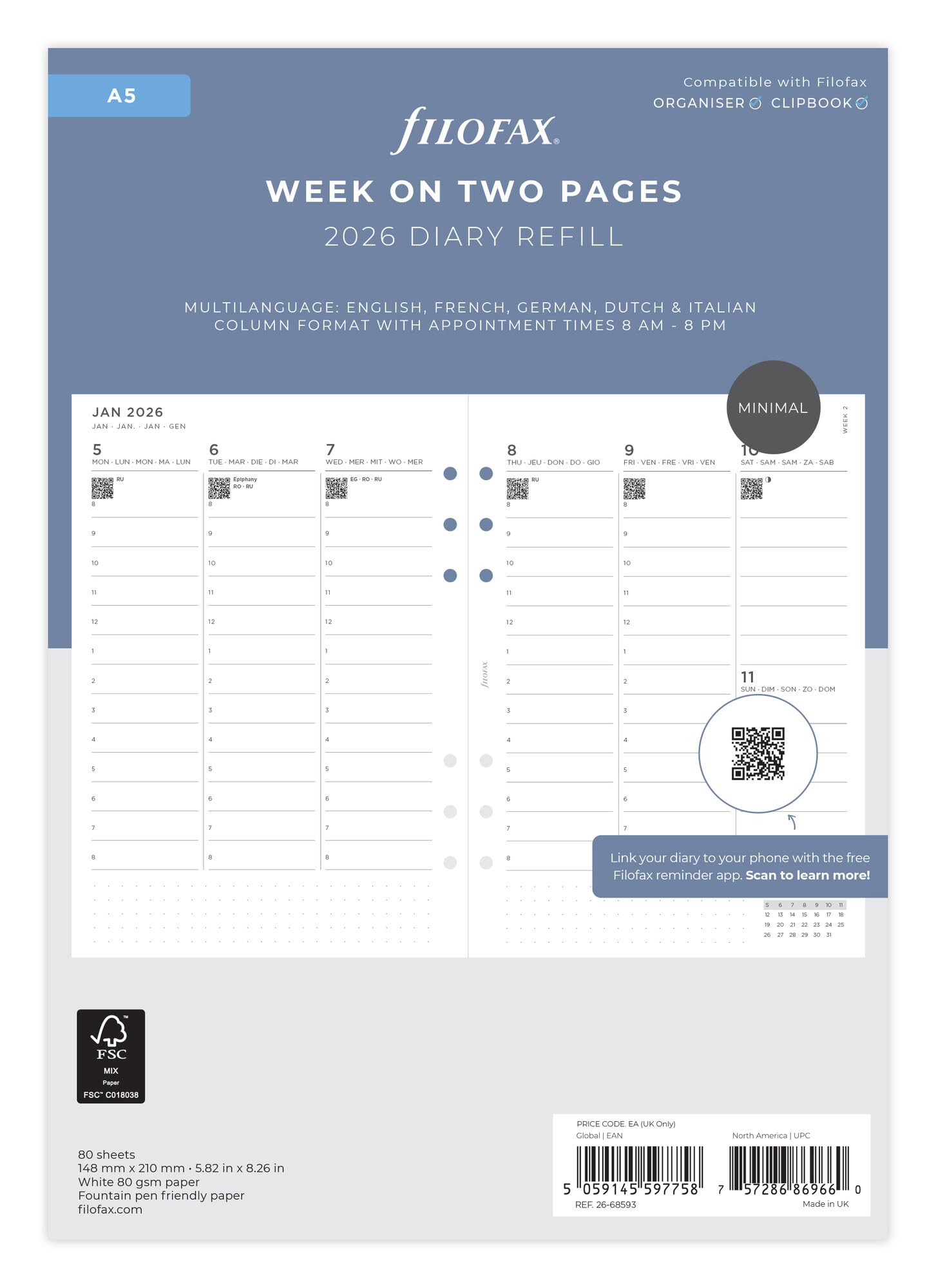 Filofax A5 Minimal week to view with appointments vertical 5 language 2026 diary 26-68593