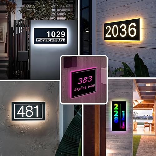 Miniatura 4 de Letrero de dirección solar personalizado para exterior, letrero de número de casa con retroiluminación LED, placa de dirección de metal impermeable