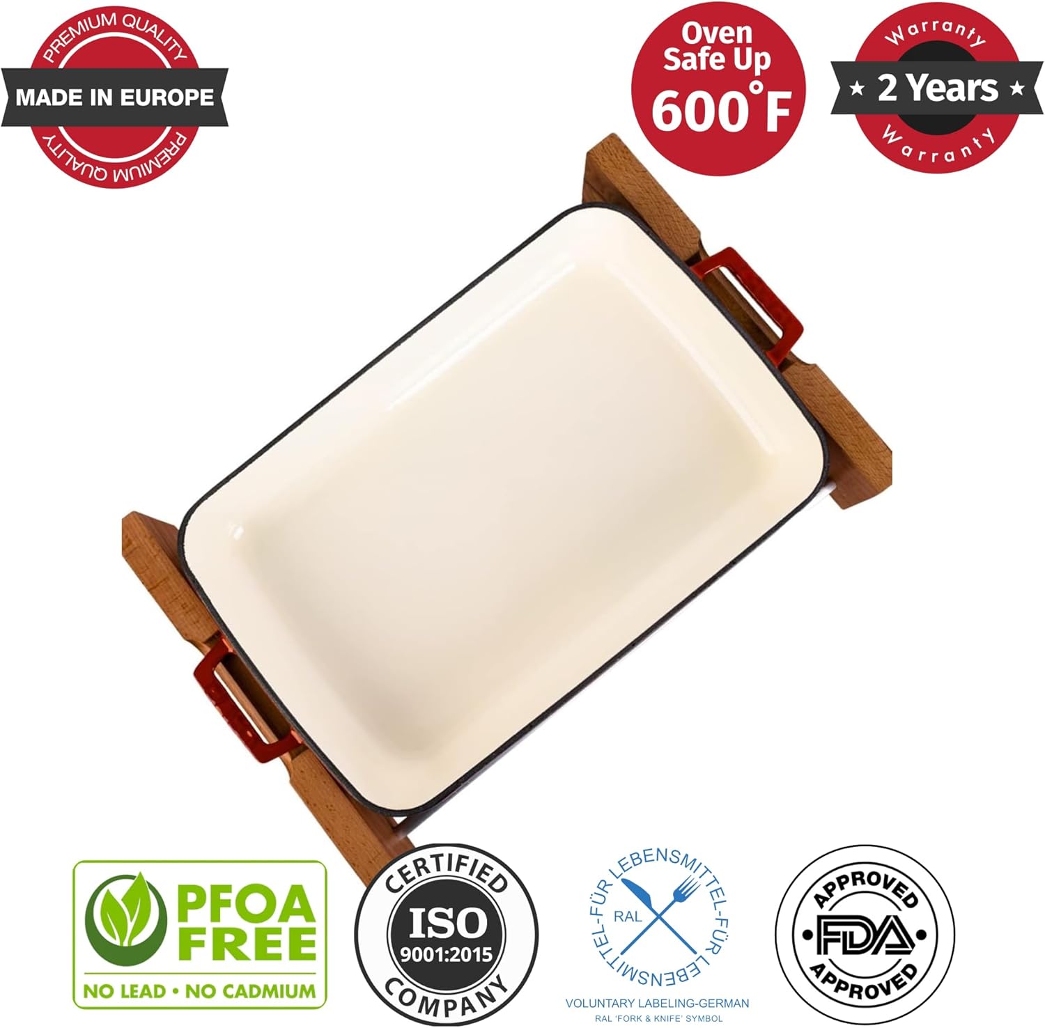 Lava Cast Iron Lasagna Pan, Three Layers of Enameled Cast Iron Lasagna Pan, Baking Tray with Service Stand, 10x16 Inch Rectangular Oven Safe Serving Dish (Red)
