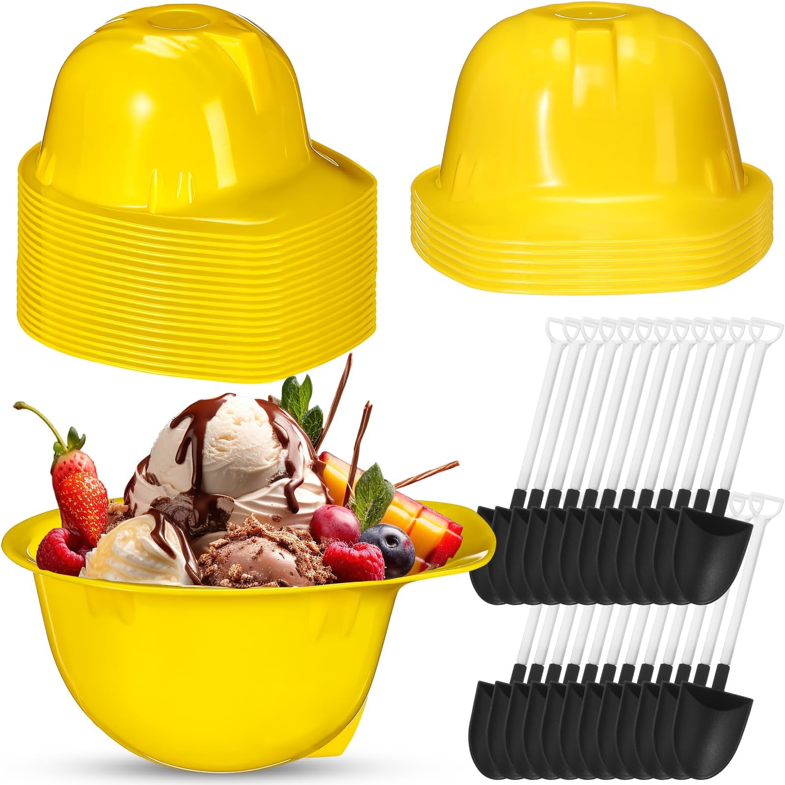 Uiifan 24 Sets Construction Hat Ice Cream Bowls Spoon Set, Plastic Snacks Frozen Yogurt Cups with Spoons for Construction Theme Party Favor Kids Gifts (Yellow)