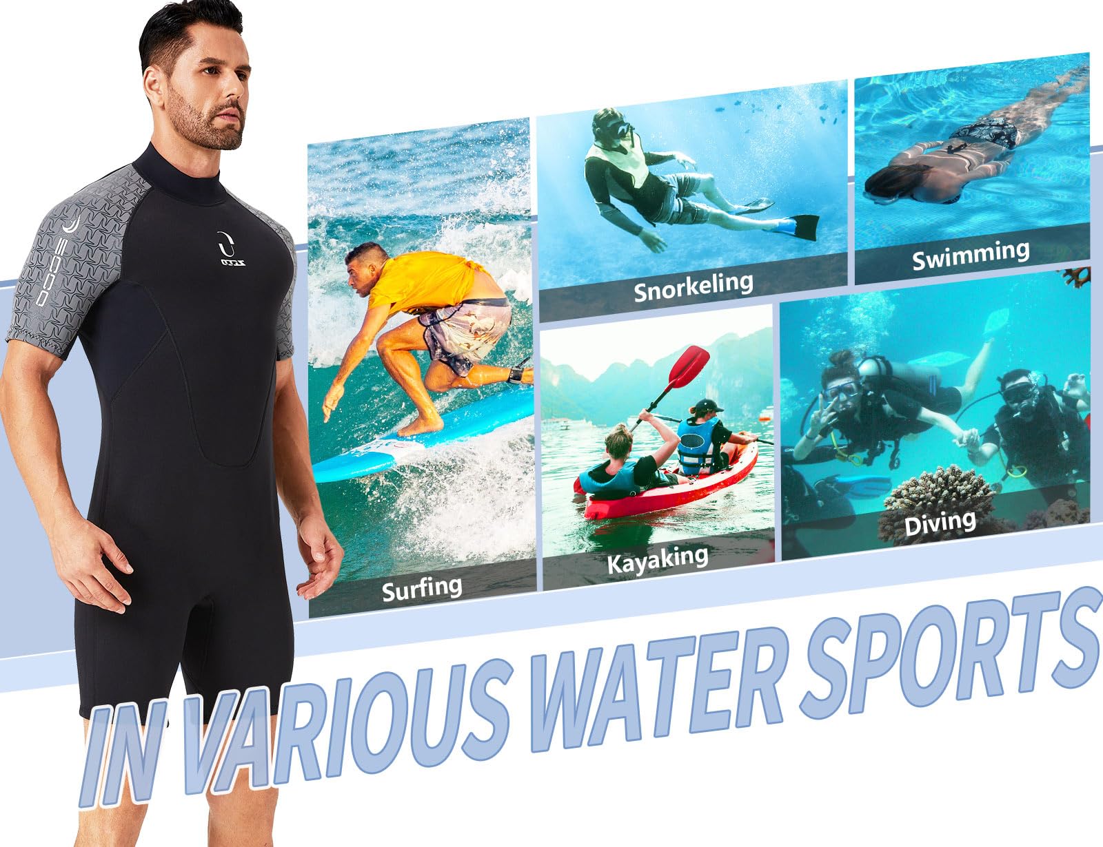 Wetsuits Combinaison de plongée Courte en néoprène pour Homme et Femme avec Fermeture éclair dans Le Dos 3 mm pour Le Surf, la plongée avec Tuba, Le canoë, Le Stand up Paddleboard, Le Kayak (Gris)