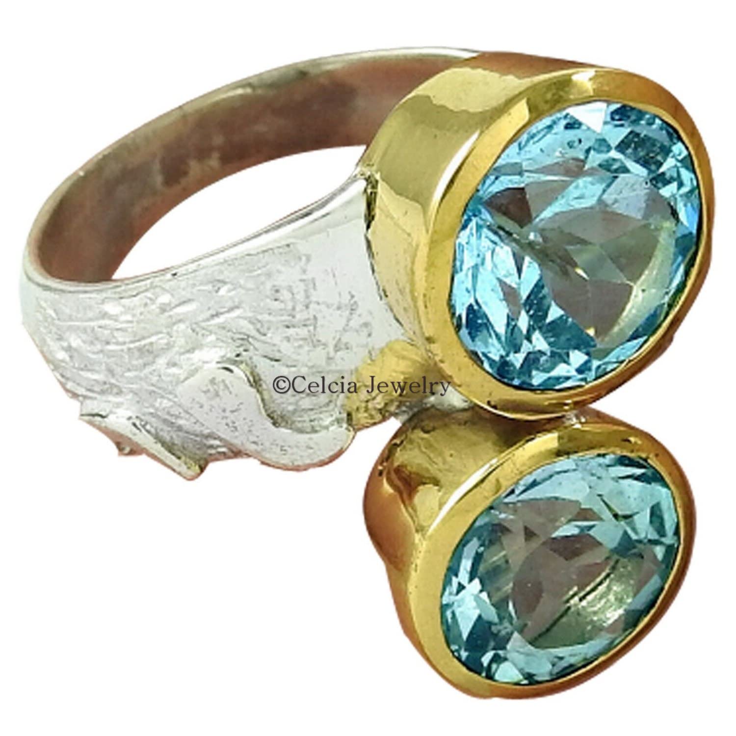blauer Topas runder Ring, echtes 925er Sterlingsilber, Ehering, stapelbarer Ring mit 2 Steinen, Statement-Ring, fantastischer Ring, einzigartiges Geschenk für Männer und Frauen, November-Geburtsstein