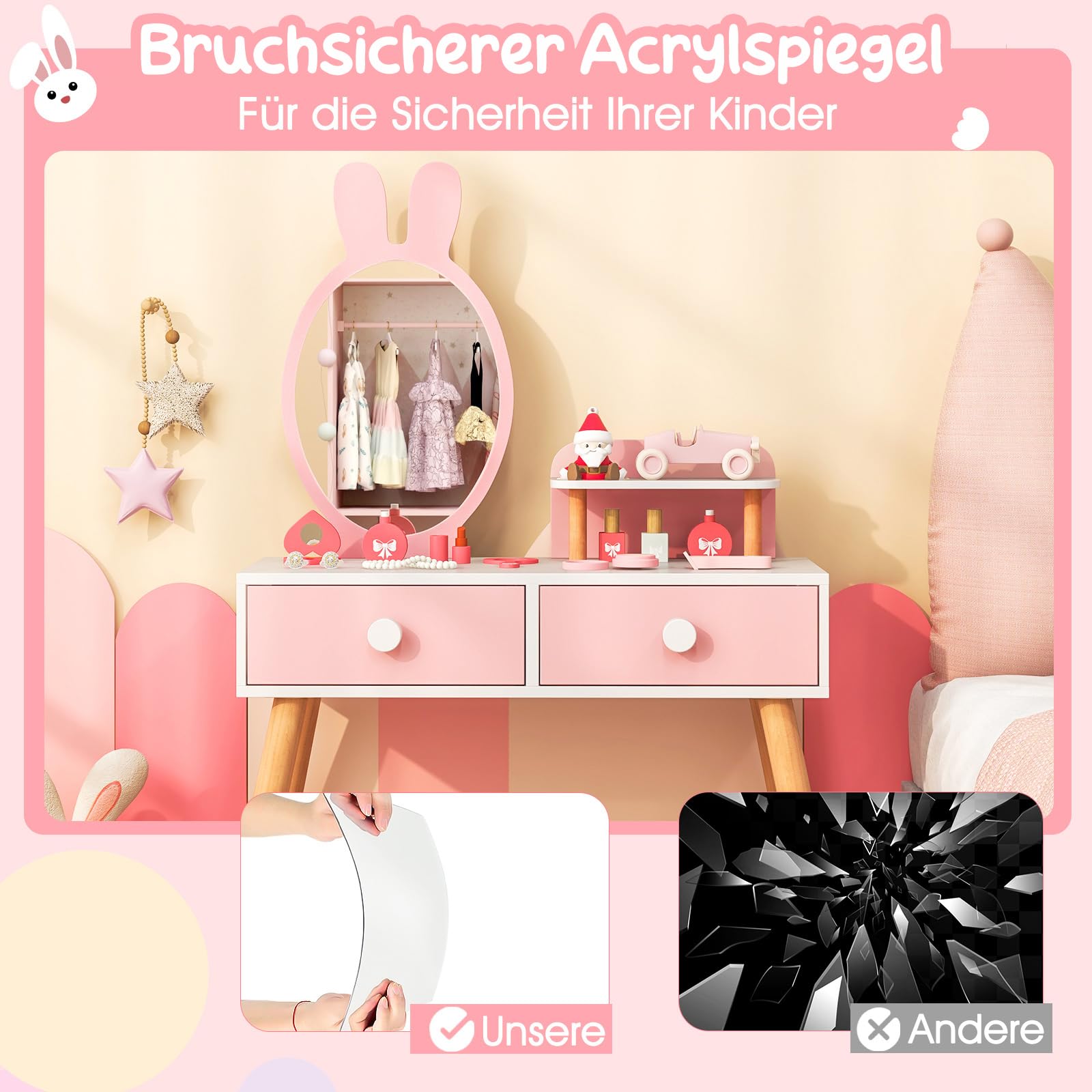 COSTWAY Kinder Schminktisch Set mit Kaninchen Design, 2-in-1-Frisiertisch mit Spiegel, 2 Schubladen & Ablage, Schminkset mit Massivholzbeinen für Mädchen (Weiß)