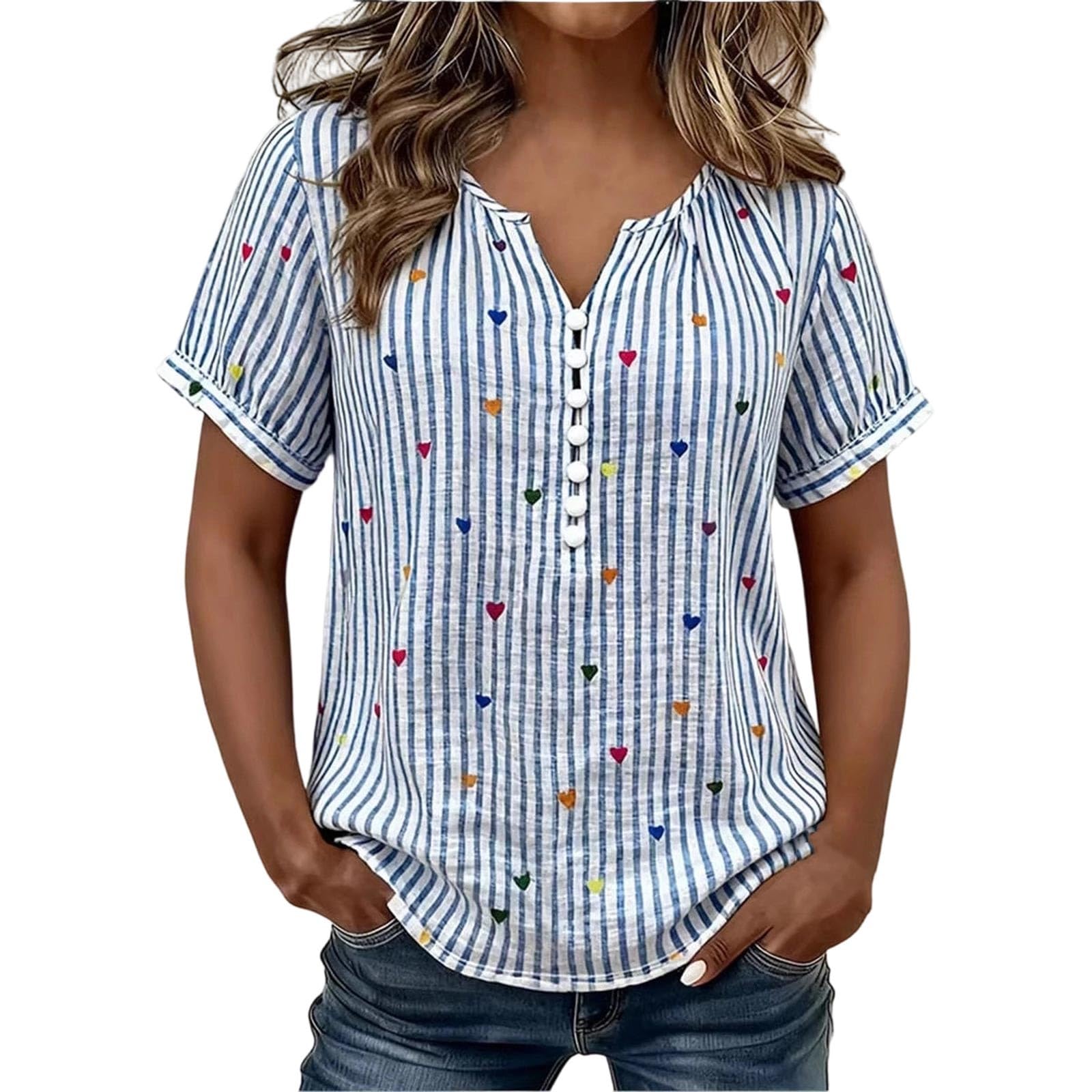 Blusa para mujer elegante a rayas con cuello en V y botones de verano 5
