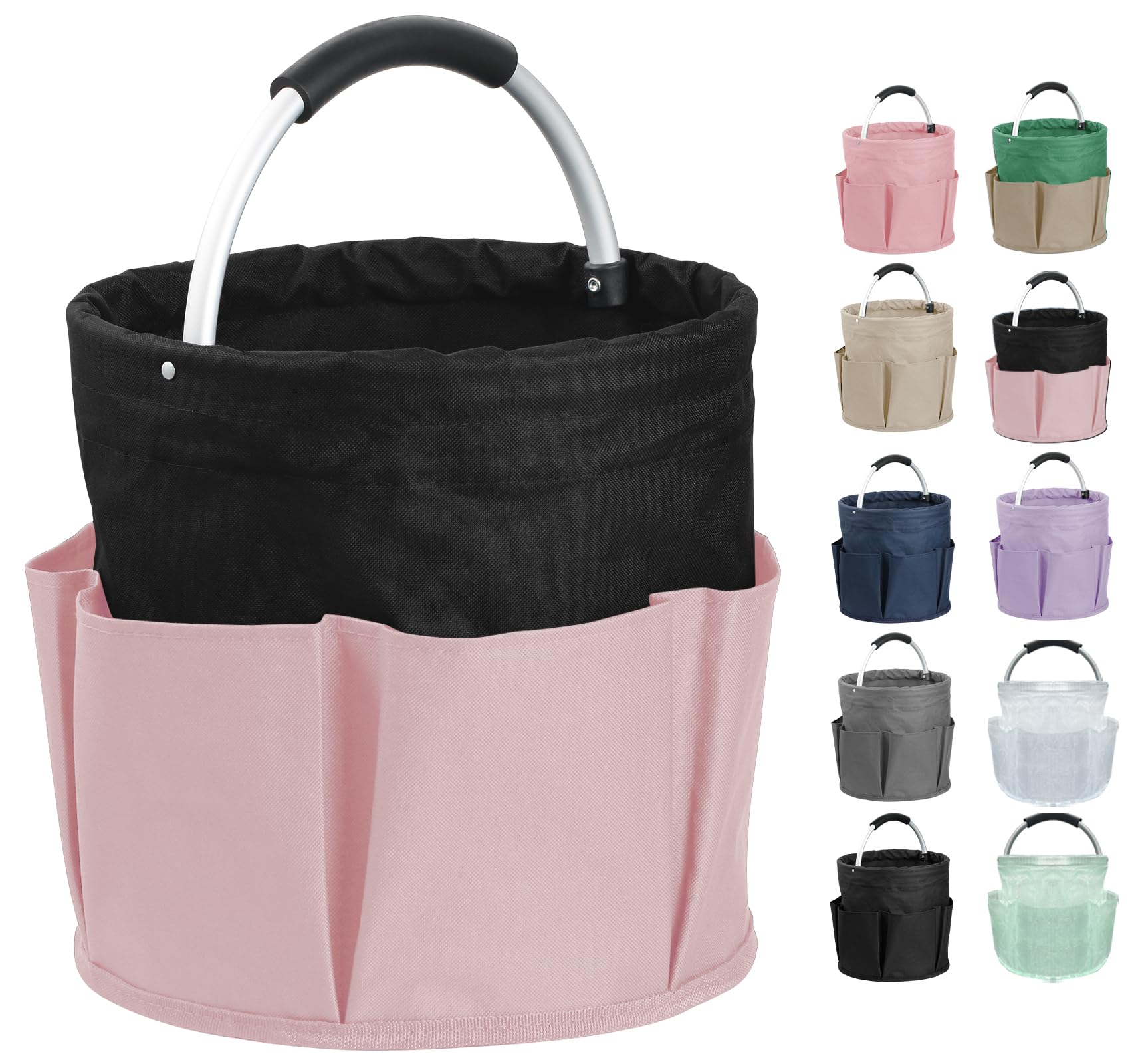 17L Cleaning Supply Caddy for Family, Portable Shower Caddy with Handle and 6 Pockets, Foldable Tool Bucket Organizer, Large Storage Basket for Camping, Gardening, Black with Pink