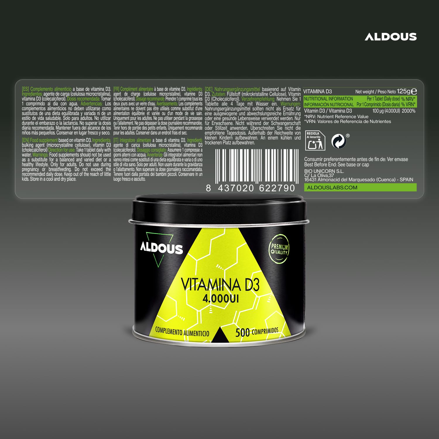 Vitamina D3 4000 UI máxima dosis - 500 comprimidos - Vitamina D Colecalciferol - Vitaminas para el sistema inmunitario y defensas - Para Músculos y Huesos - Mejora absorción Calcio - ALDOUS