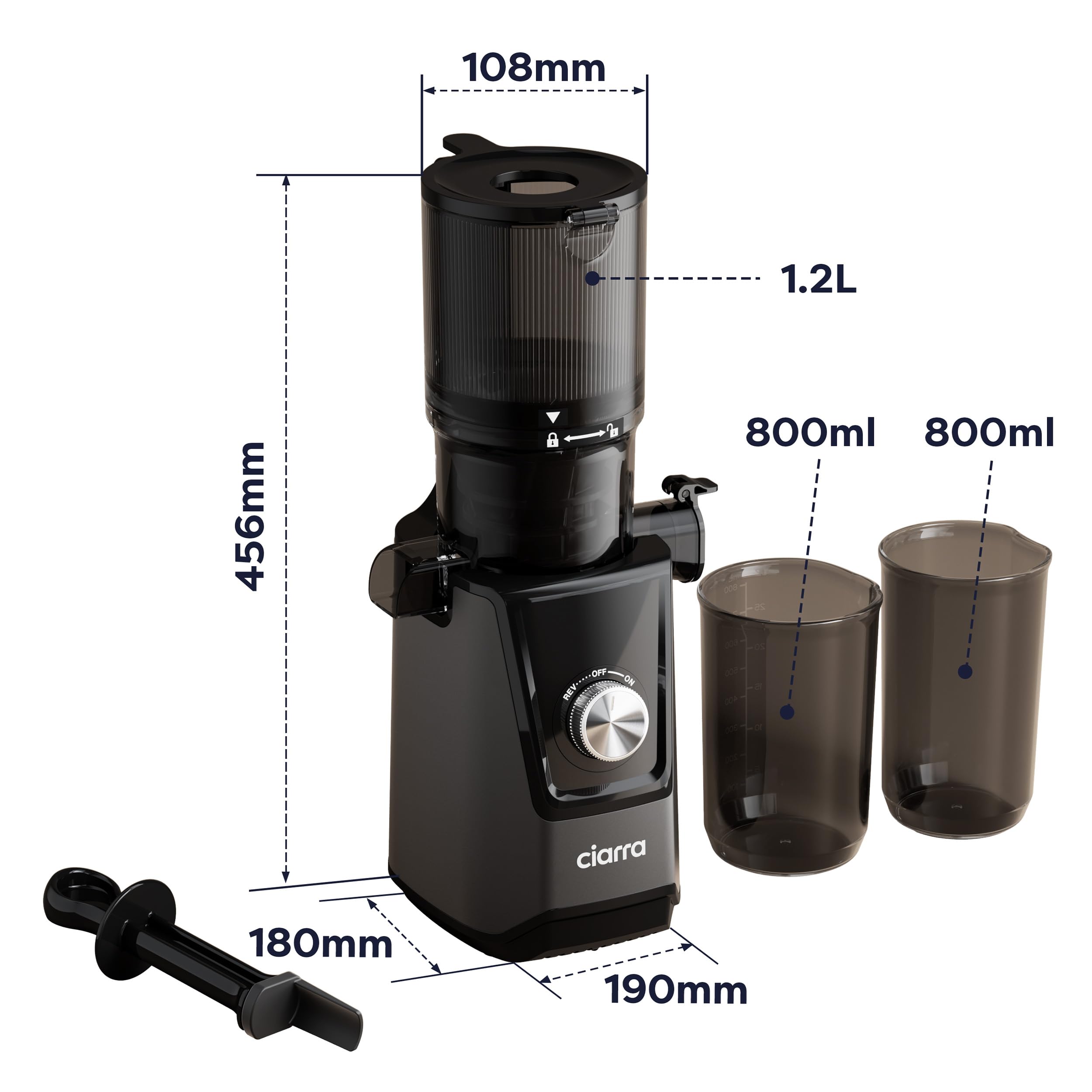 Ciarra CBSJ046-G Exprimidor Lento Canal de Alimentación de 108mm Extractor de Zumos y Verduras con Alta Pureza Slow Juicer XXL Licuadora en frío 2 Vasos Incluidos