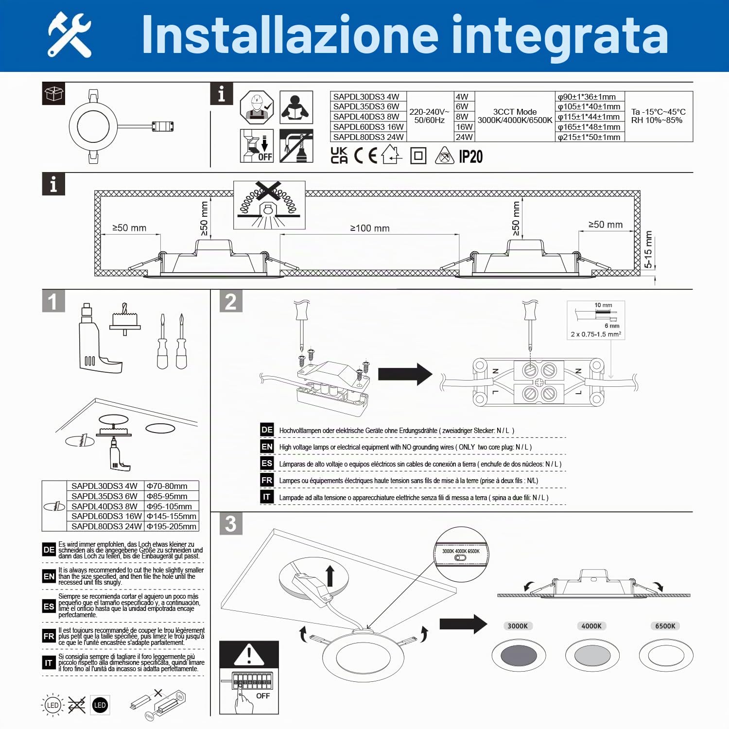 LVWIT Faretti LED da Incasso per Cartongesso,24W Equivalente 160W,Pannello Soffitto 2650LM,3000K Caldo 4000K Bianco Neutro 6500K Bianco Freddo,Faretto Incasso LED per Bagno, Set di 4