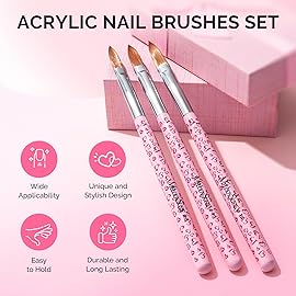 MelodySusie 3-Piece Acrylic Nail Brush Set - Sizes 8/10/14, Professional Nail Art Tool for Acrylic Application, Powder, Extension & 3D Carving - Pink