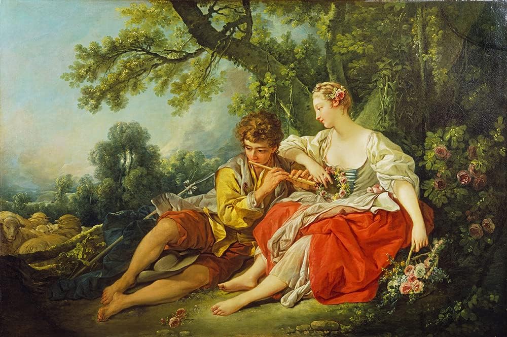 ArtDirect François Boucher 18x13 Gold Ornate Frame and Double Matted Museum Art Print Titled - Shepherd Piping to a Shepherdess (C. 1747-1750)