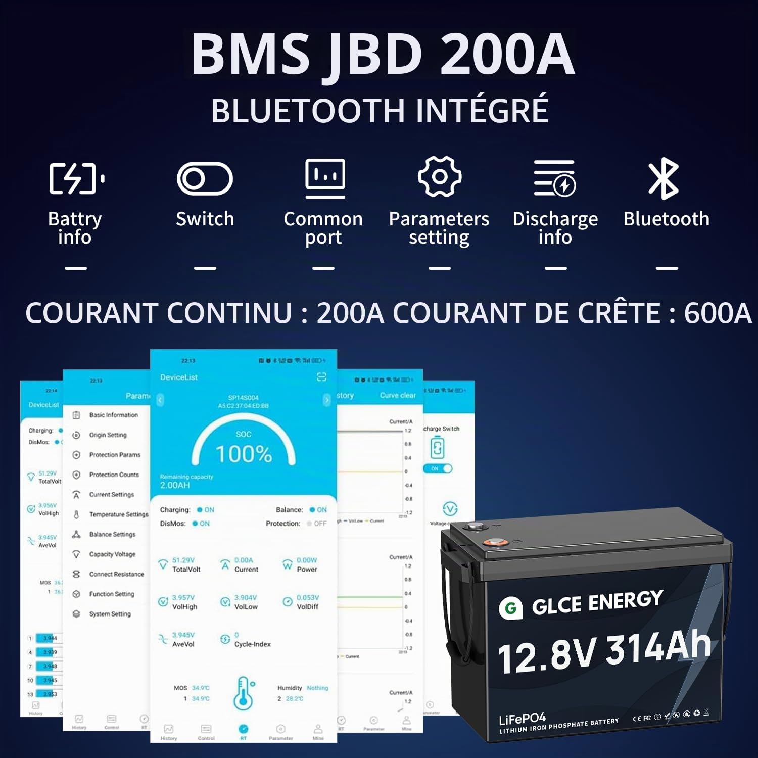Batterie Lithium 12V 300Ah, BMS 200A intégré, Rechargeable 3840Wh Batterie LiFePO4, 4000~15 000 Cycles, pour Solaire Marine RV