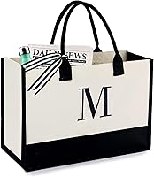 BeeGreen Personalized Monogram Initial T Embroidery Canvas Tote Bag for Women - Large Teacher Mom Gift with Cosmetic Pouch