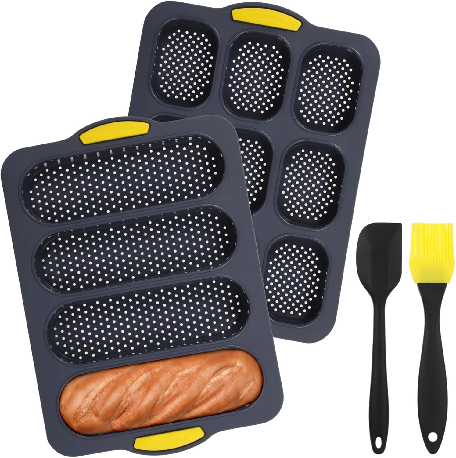 4-Piece Silicone French Bread Pan Set, Non-Stick Baking Tray with 9 & 4 Cavity Perforated Molds, Spatula & Oil Brush Included
