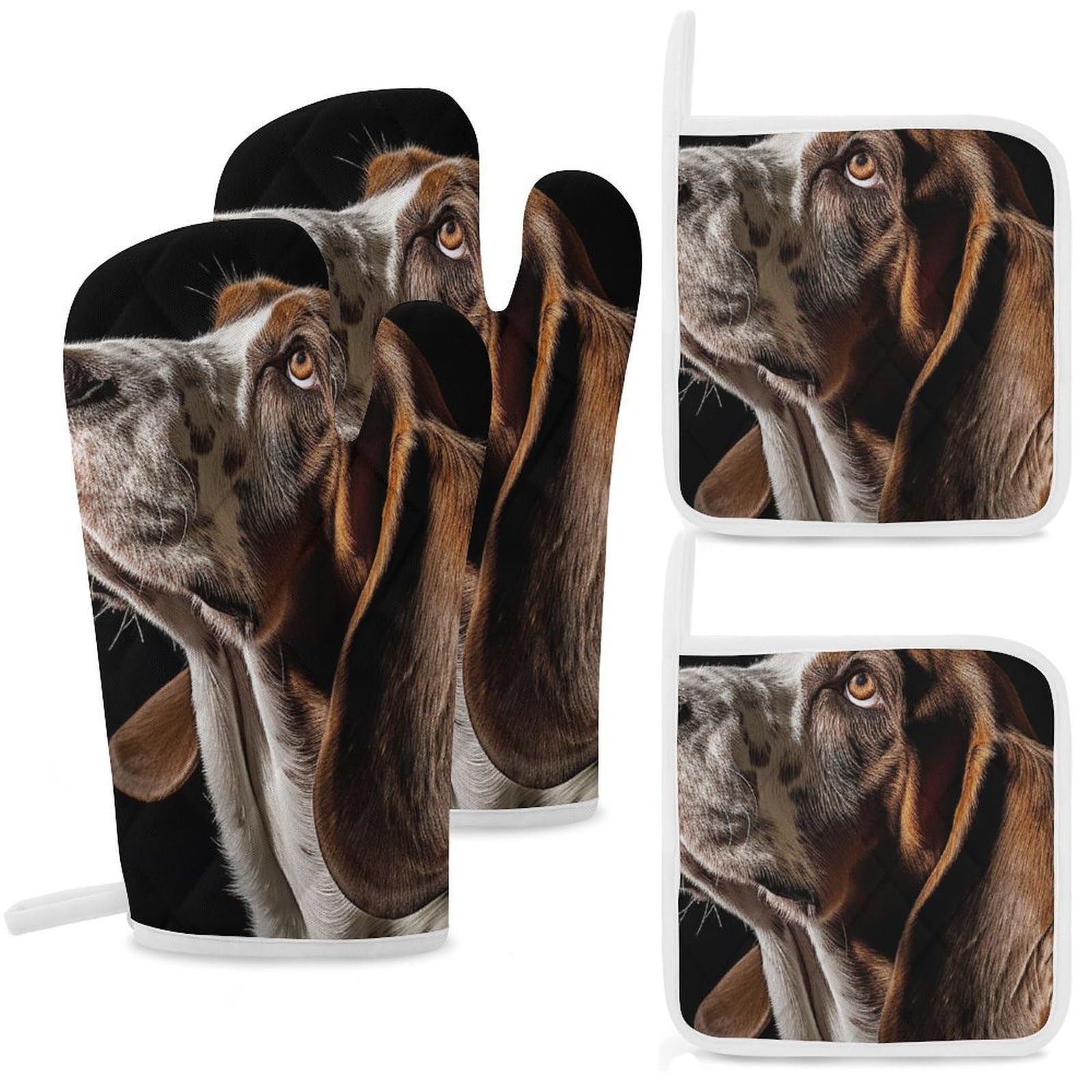 Oven Mitts and Pot Holders Set of 4 Heat Resistant Non-Slip Kitchen Gloves Hot Pads Basset Hound Mittens Gloves Non-Slip Potholders for Cooking Baking Grilling BBQ