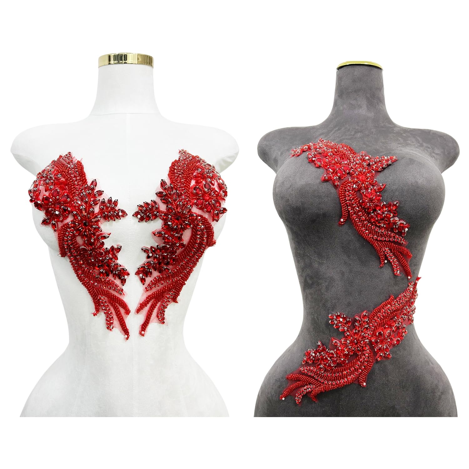Handmade Rhinestones lace Trim Patches Handsewing Beads Bodice Applique for Dress DIY Accessories 1pair/Set (Red)