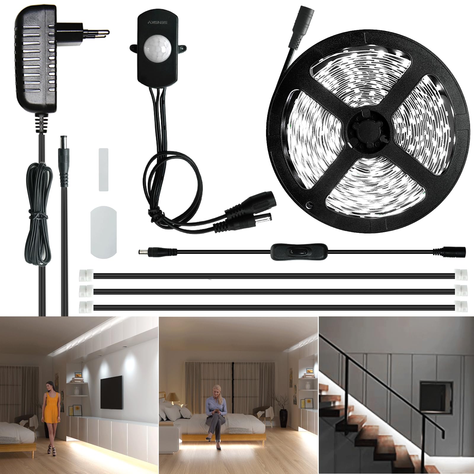Sensky Striscia LED da 6 m, dimmerabile, con sensore di movimento PIR, per interni, 12 V, luce bianca fredda, 6000 K, illuminazione per corridoio, armadio, cucina