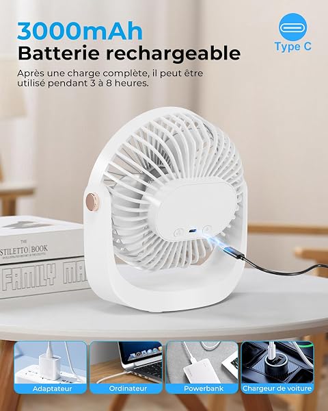 Ventilateur de Table, Ventilateur Silencieux Rechargeable USB, 5 Vitesses avec Veilleuse, Réglable à 360 °, 3000mAh Batterie Pour Maison, Bureau, Extérieur, Cuisine, Camping, Blanc - 5