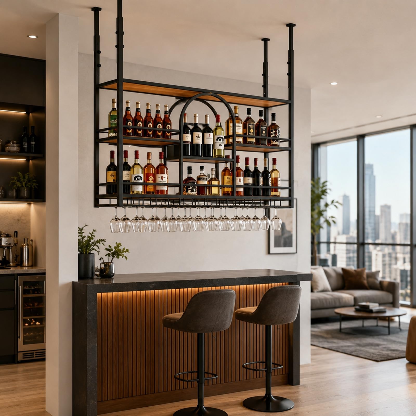 Portabottiglie da Soffitto con Altezza Regolabile, Scaffale Vino Sospeso in Metallo con Portacalici Integrato, Portabottiglie Industriale Salvaspazio per Cucina, Soggiorno, Home Bar (BLACK, 100cm)