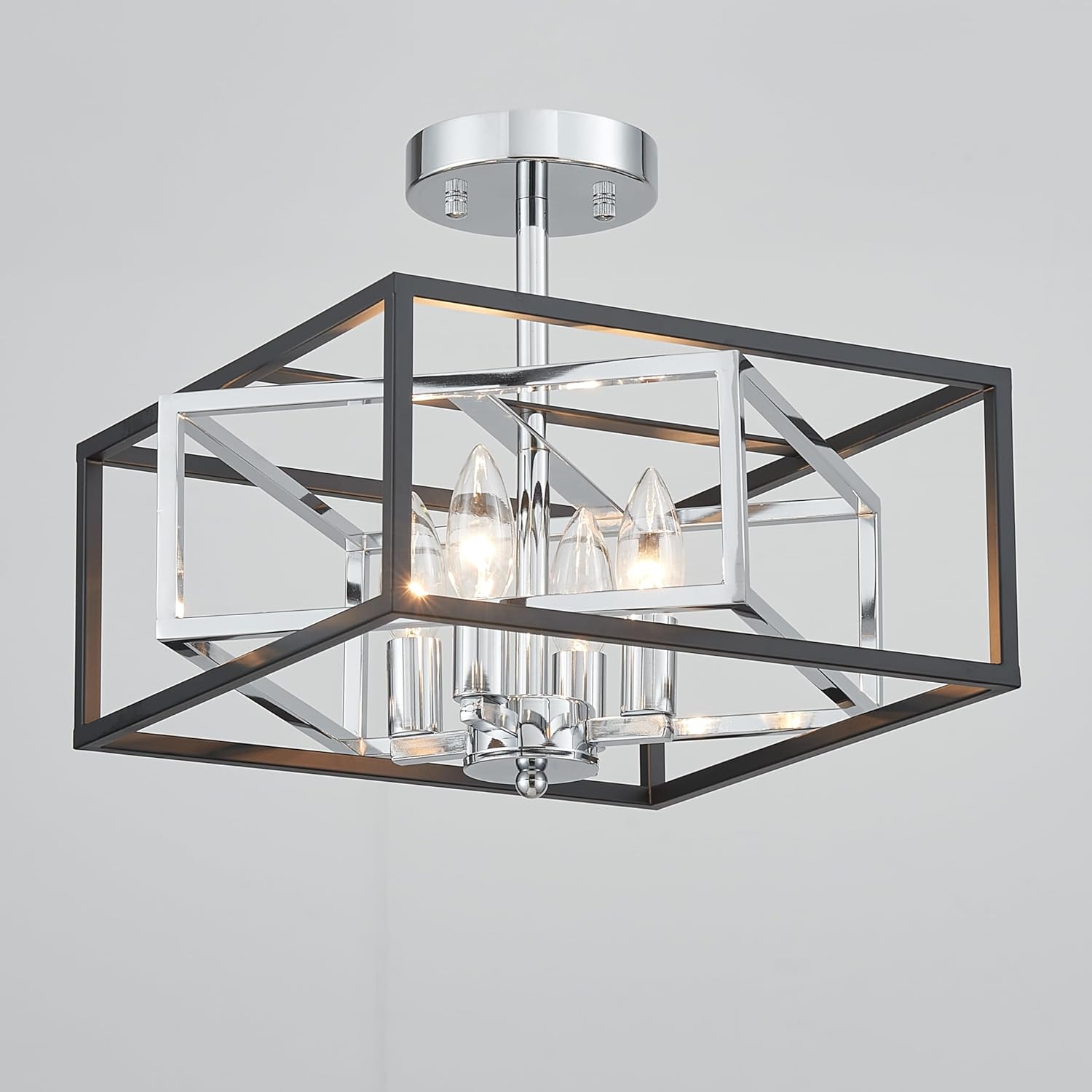Square Ceiling Light, 4-Light Flushmount Modern Close to Ceiling Light Fixture for Living Room, Bedroom, Dining Room, L13 x W13 x H10 inch, Black & Silver Finish Frame