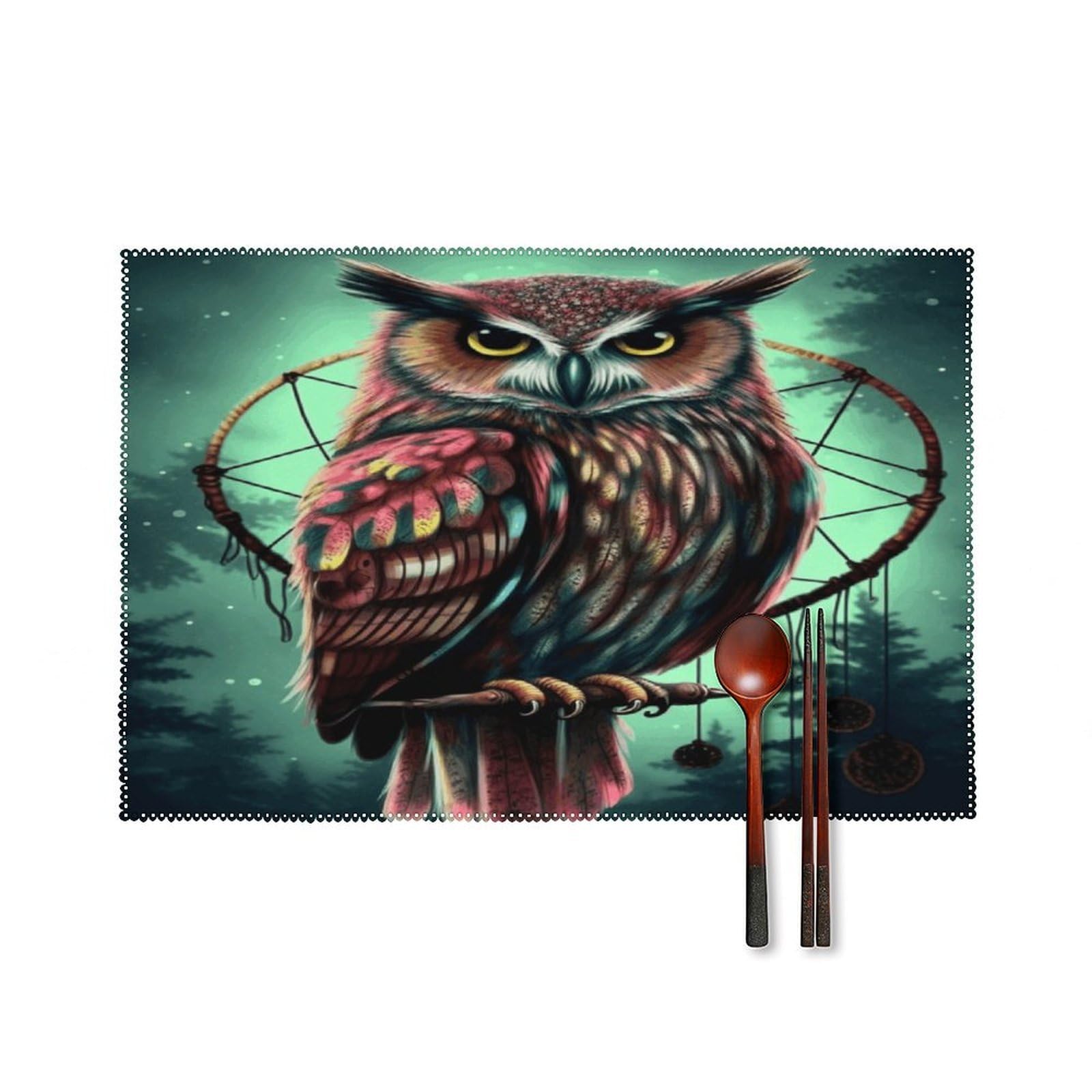 Owl Placemats Washable Canvas Place Mats Decoration Placemat for Dining Table Easy to Clean Tables Mat Set of 6 for Kitchen Dining Room Coffee Table
