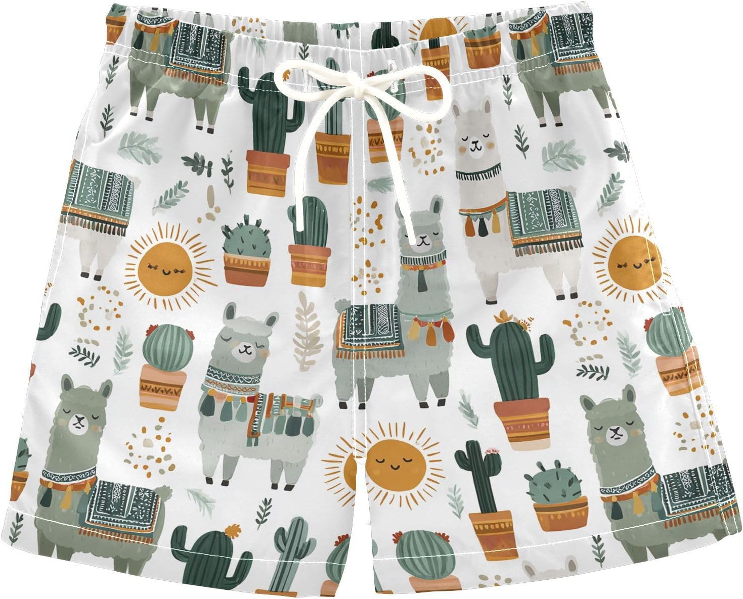 visesunny Sun Llamas Cactus Boys Swim Trunks Quick Dry Drawsting Boy's Beach Shorts Boy Bathing Suit with Pockets