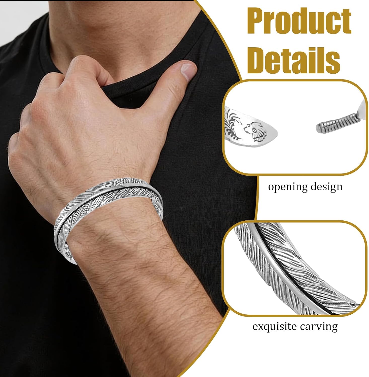 Stainless Steel Native American Feather Cuff Bracelet for Men Women, Vintage Boho Western Bangle Jewelry, Adjustable Feather Open Bangle, Ethnic Tribal Jewelry Gifts for Christmas Birthday