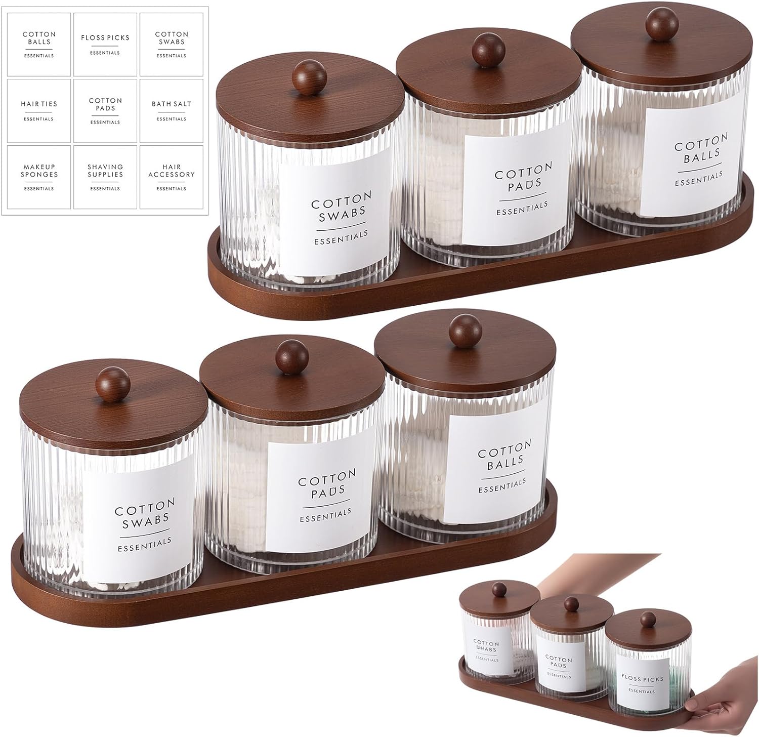 Vesici 6 Pack Bathroom Canisters Ribbed Apothecary Jars with Bamboo Lids 2 Bamboo Trays and 9 Label Stickers Cotton Swabs Holder Bathroom Organizer Storage Set Acrylic 18 oz Dispenser Container(Black)