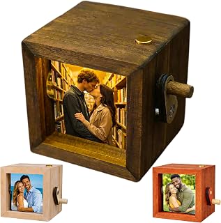 Personalized Wooden Photo Flipbook Animation Box with Light, Custom Crank Photo Box Picture Frame, Romantic for Couples, Gift for Him Her Valentine’s Day Christmas
