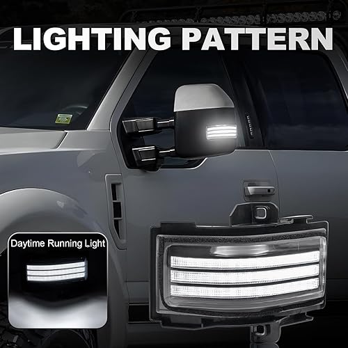 Vista 4 de Espejo de remolque lateral, luces LED compatibles con F150 2015-2025 para F250 F350 F450 2017-2025 blanco diurno y lámpara de marcador de giro