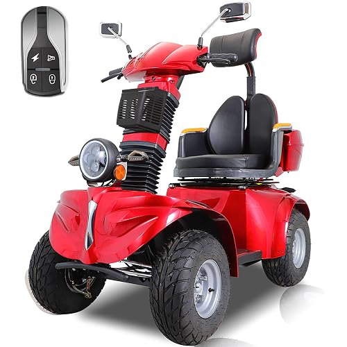 Mobility Scooters for Seniors & Adults 600lbs Capacity, Heavy Duty 4-Wheel 3-Speed Electric Powered Wheelchair Device 1000W All Terrain, Elderly-Lockbox Adjustable Seat (DJD Red 1000W)